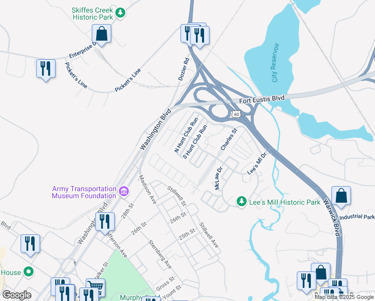 map of restaurants, bars, coffee shops, grocery stores, and more near 160 South Hunt Club Run in Newport News