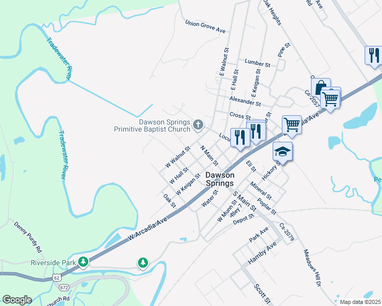 map of restaurants, bars, coffee shops, grocery stores, and more near Sycamore Street in Dawson Springs