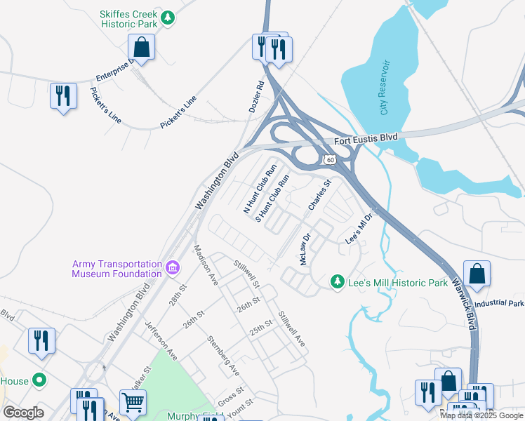 map of restaurants, bars, coffee shops, grocery stores, and more near 160 South Hunt Club Run in Newport News