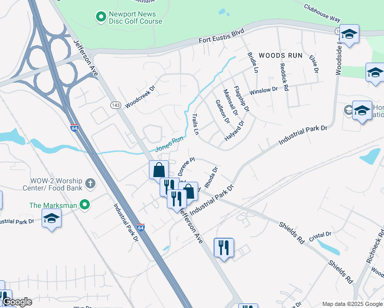 map of restaurants, bars, coffee shops, grocery stores, and more near 612 Dorene Place in Newport News