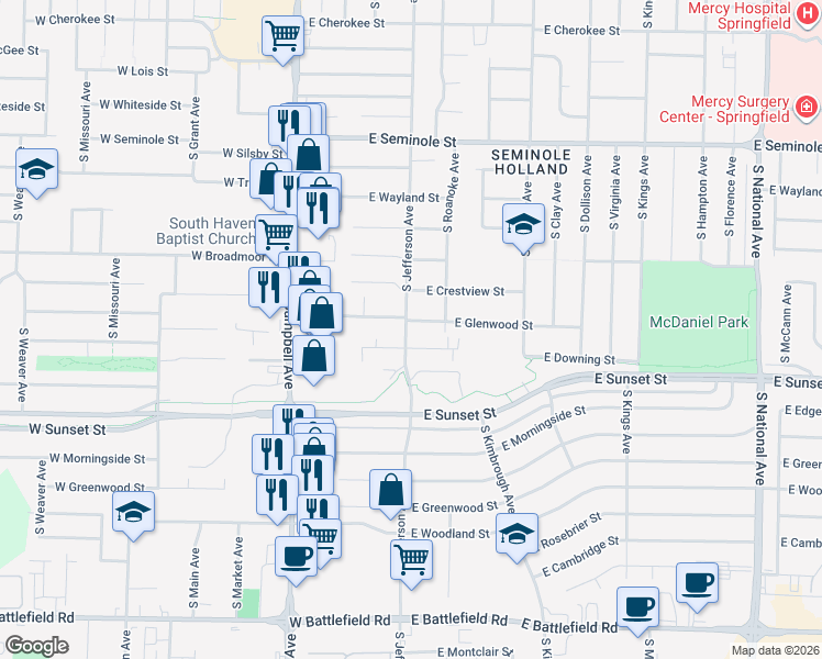 map of restaurants, bars, coffee shops, grocery stores, and more near 2525 South Jefferson Avenue in Springfield