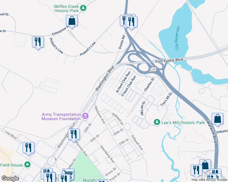 map of restaurants, bars, coffee shops, grocery stores, and more near 178 Gate House Road in Newport News