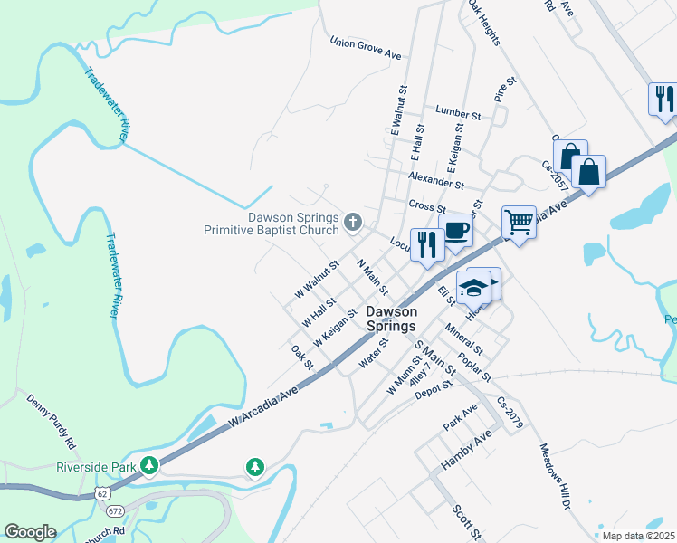 map of restaurants, bars, coffee shops, grocery stores, and more near Sycamore Street in Dawson Springs
