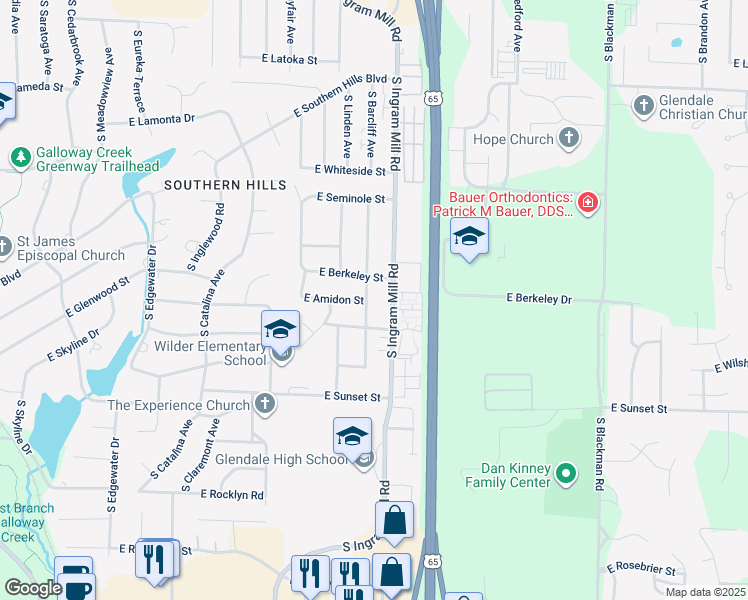 map of restaurants, bars, coffee shops, grocery stores, and more near 2423 South Ingram Mill Road in Springfield
