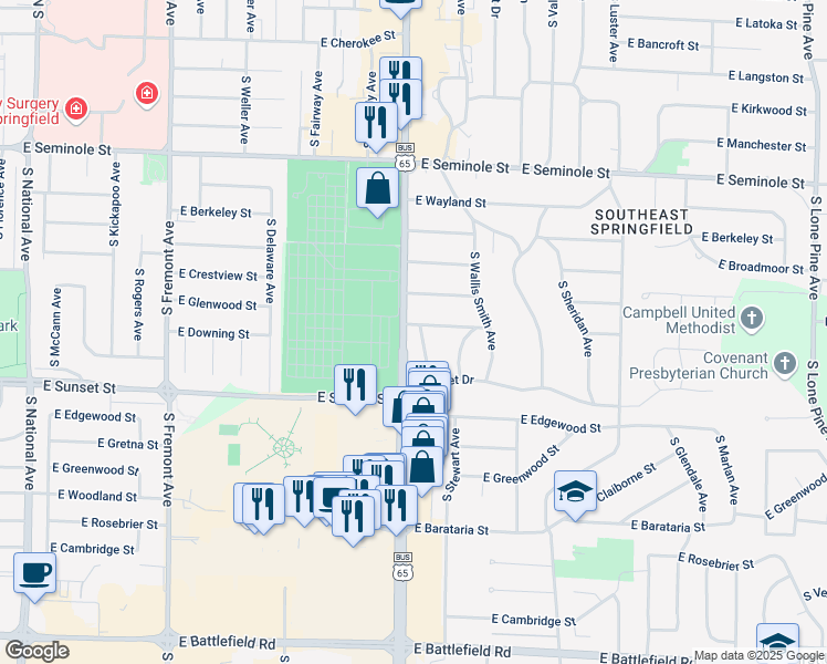 map of restaurants, bars, coffee shops, grocery stores, and more near in Springfield