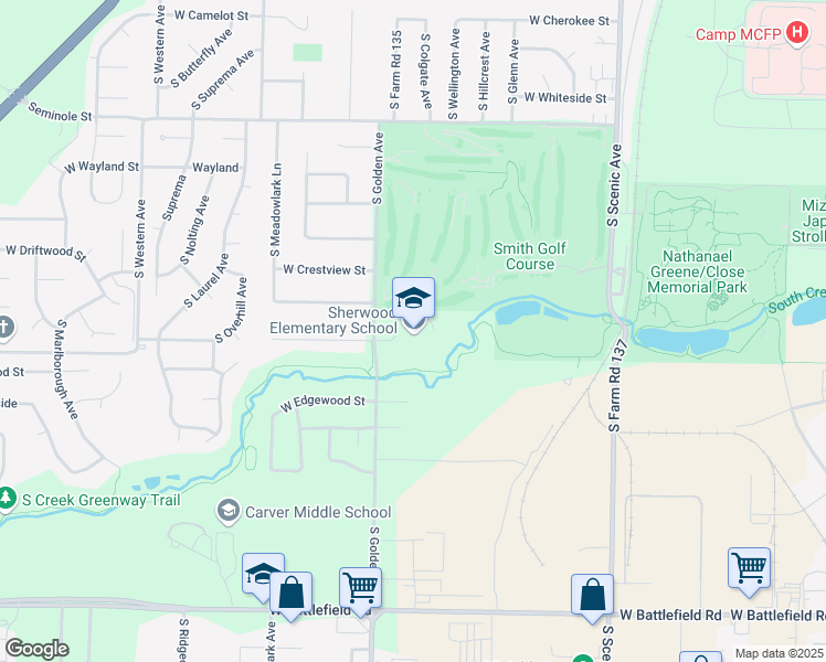 map of restaurants, bars, coffee shops, grocery stores, and more near 2524 South Golden Avenue in Springfield