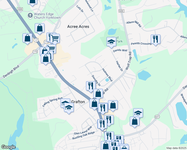 map of restaurants, bars, coffee shops, grocery stores, and more near 306 Dorothy Drive in Yorktown