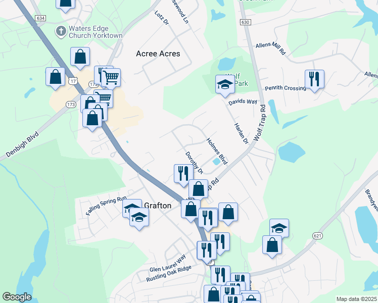 map of restaurants, bars, coffee shops, grocery stores, and more near 306 Dorothy Drive in Yorktown