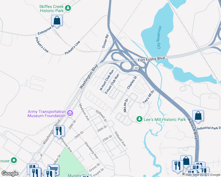 map of restaurants, bars, coffee shops, grocery stores, and more near 188 South Hunt Club Run in Newport News