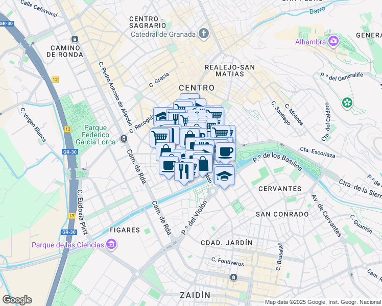 map of restaurants, bars, coffee shops, grocery stores, and more near 4B Calle Marqués de Mondéjar in Granada