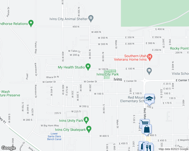 map of restaurants, bars, coffee shops, grocery stores, and more near 39 North 150 West in Ivins