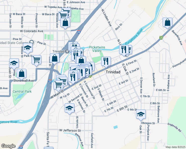 map of restaurants, bars, coffee shops, grocery stores, and more near 200 E 1st St in Trinidad