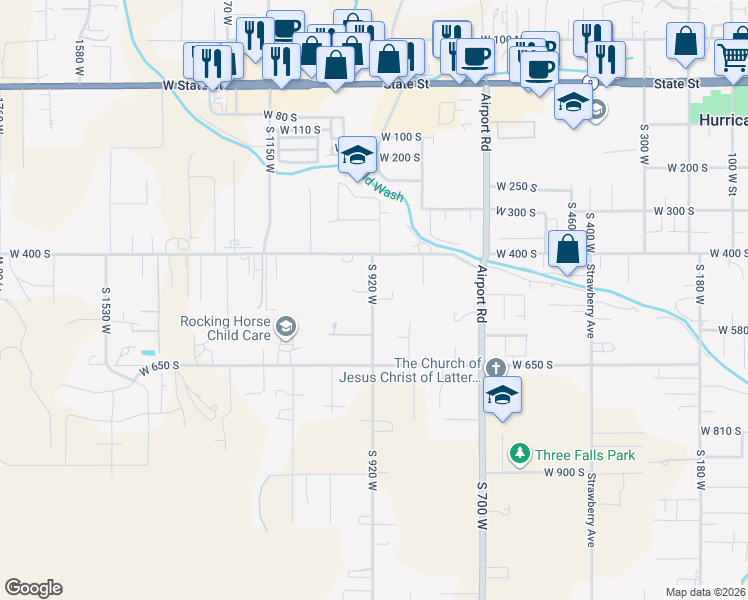 map of restaurants, bars, coffee shops, grocery stores, and more near 540 South 920 West in Hurricane