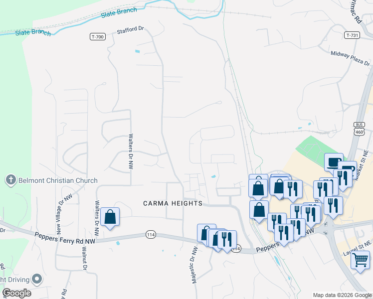 map of restaurants, bars, coffee shops, grocery stores, and more near 575 Stafford Drive in Christiansburg
