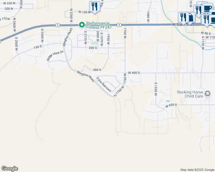 map of restaurants, bars, coffee shops, grocery stores, and more near 495 South the Narrows in Hurricane