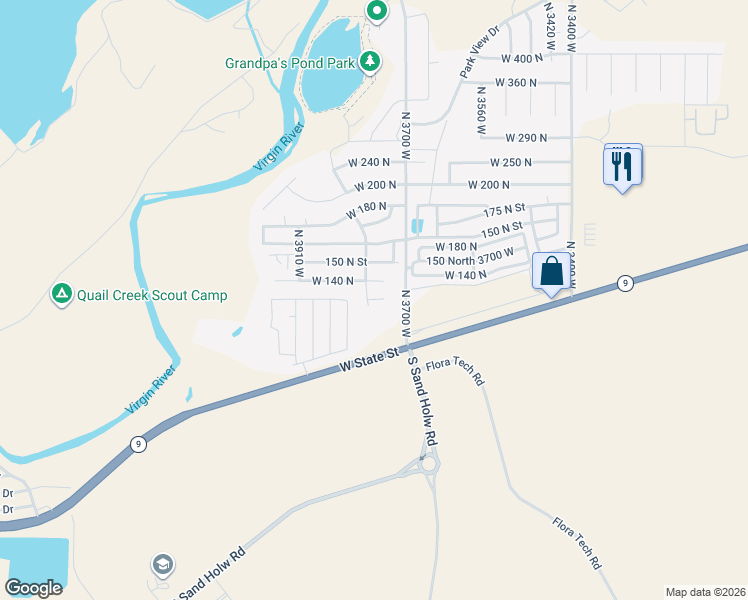 map of restaurants, bars, coffee shops, grocery stores, and more near 100 North in Hurricane