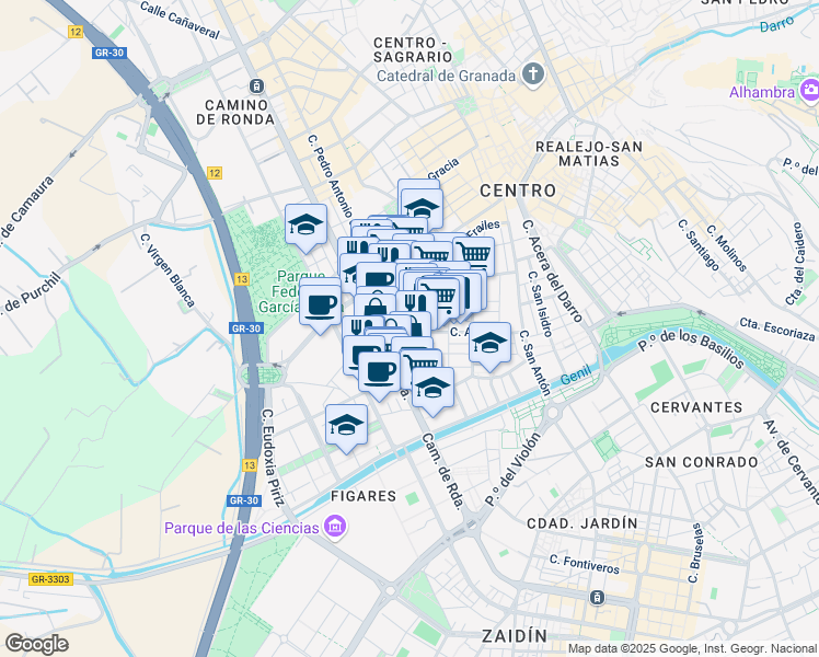 map of restaurants, bars, coffee shops, grocery stores, and more near 46 Calle Alhamar in Granada