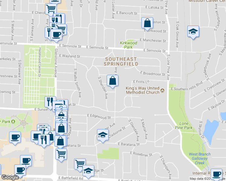 map of restaurants, bars, coffee shops, grocery stores, and more near 2461 South Luster Avenue in Springfield