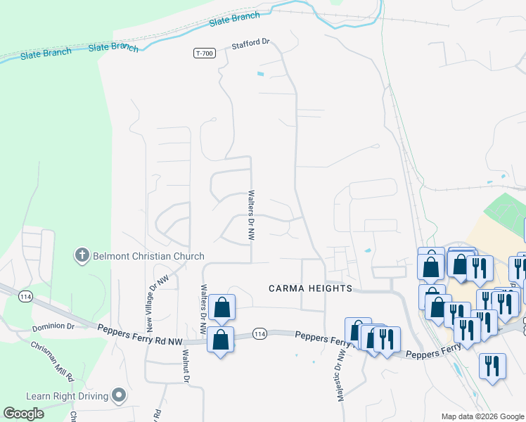 map of restaurants, bars, coffee shops, grocery stores, and more near 585 Walters Drive in Christiansburg