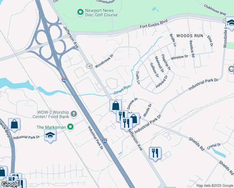 map of restaurants, bars, coffee shops, grocery stores, and more near 13230 Ridgeview Drive in Newport News