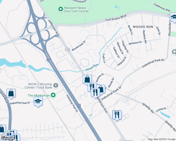 map of restaurants, bars, coffee shops, grocery stores, and more near 13230 Ridgeview Drive in Newport News