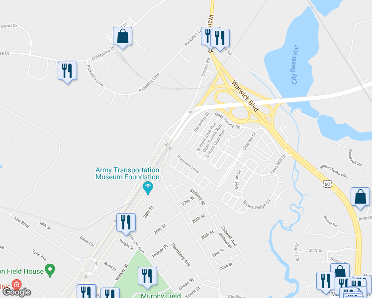 map of restaurants, bars, coffee shops, grocery stores, and more near 238 Bradmere Loop in Newport News