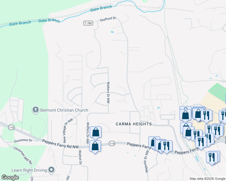 map of restaurants, bars, coffee shops, grocery stores, and more near 585 Walters Drive in Christiansburg