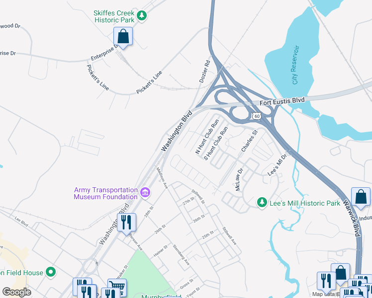 map of restaurants, bars, coffee shops, grocery stores, and more near 238 Bradmere Loop in Newport News