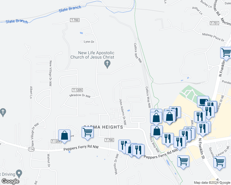 map of restaurants, bars, coffee shops, grocery stores, and more near 290 Hamilton Avenue Northwest in Christiansburg