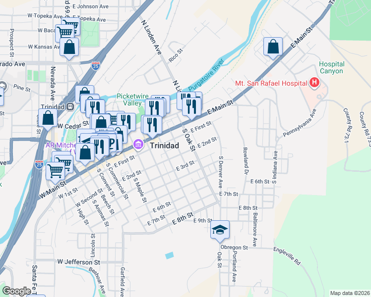 map of restaurants, bars, coffee shops, grocery stores, and more near 320 South Spruce Street in Trinidad
