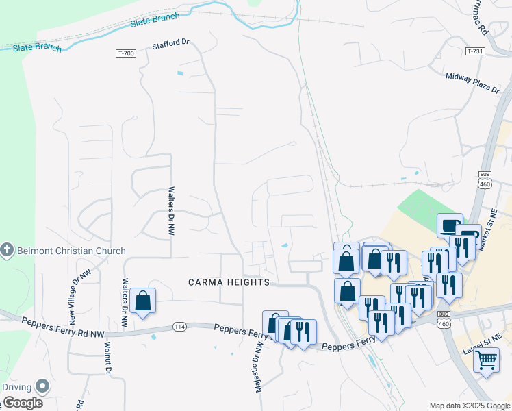 map of restaurants, bars, coffee shops, grocery stores, and more near 290 Hamilton Avenue Northwest in Christiansburg