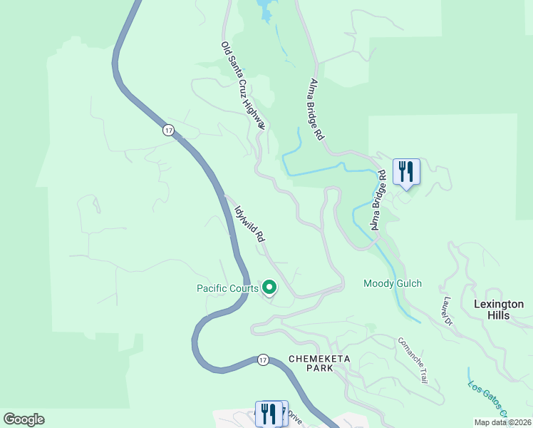 map of restaurants, bars, coffee shops, grocery stores, and more near 18655 Idylwild Road in Los Gatos