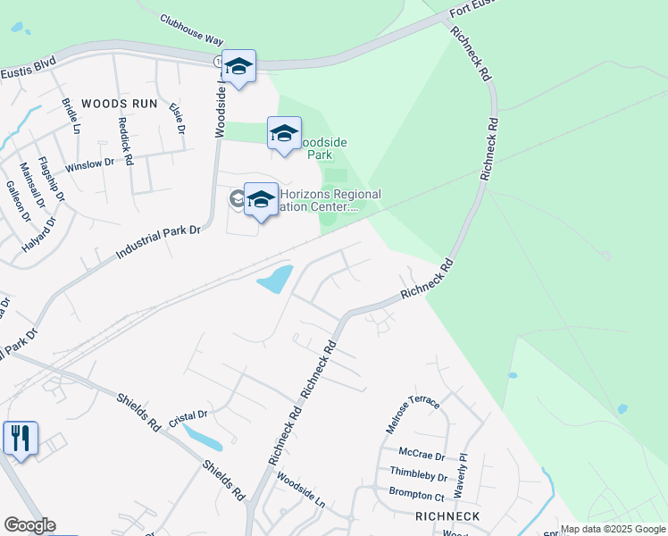 map of restaurants, bars, coffee shops, grocery stores, and more near 819 Deer Path Trail in Newport News