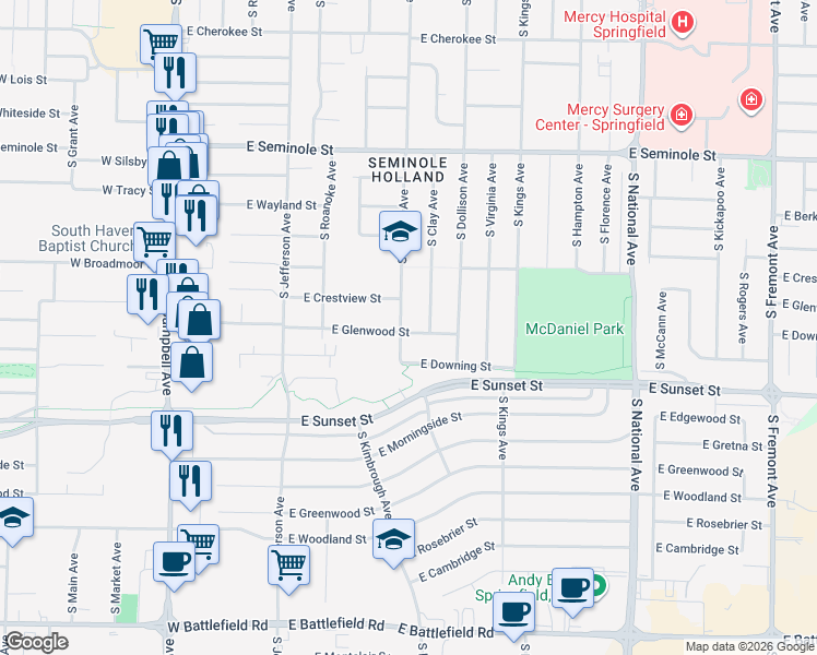 map of restaurants, bars, coffee shops, grocery stores, and more near 2441 South Holland Avenue in Springfield