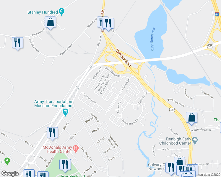 map of restaurants, bars, coffee shops, grocery stores, and more near 201 Quarter Trail in Newport News