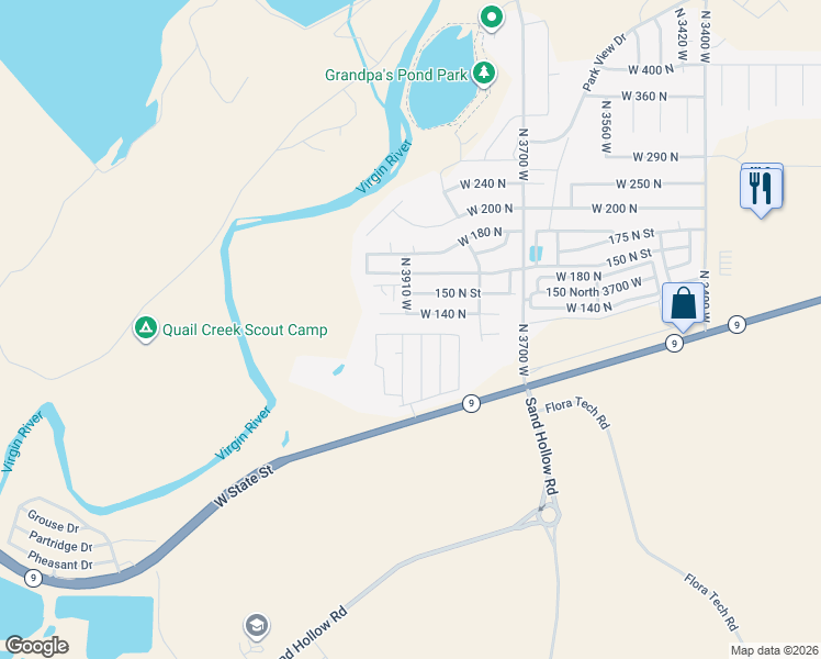 map of restaurants, bars, coffee shops, grocery stores, and more near 3900 West 120 North in Hurricane