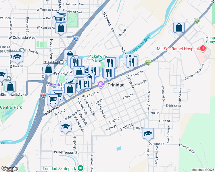 map of restaurants, bars, coffee shops, grocery stores, and more near 401 East Main Street in Trinidad