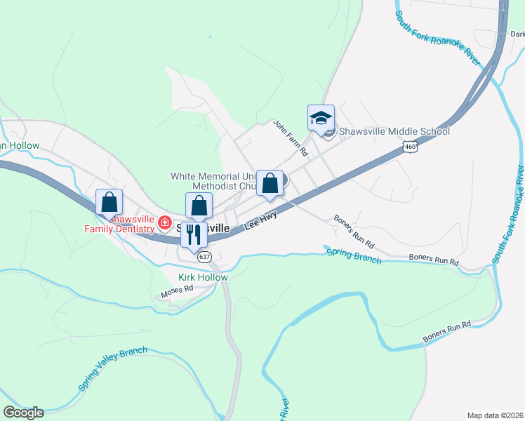 map of restaurants, bars, coffee shops, grocery stores, and more near 4052 Doosing Lane in Shawsville