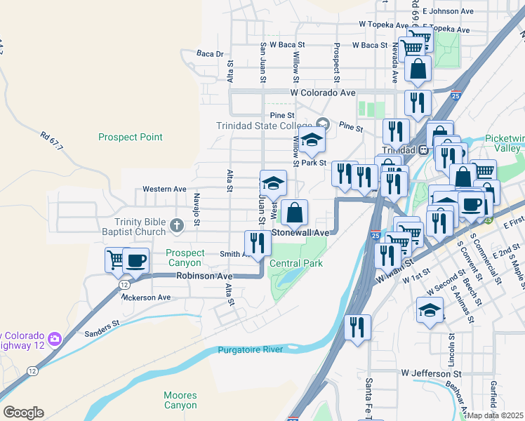 map of restaurants, bars, coffee shops, grocery stores, and more near 799 San Juan St in Trinidad