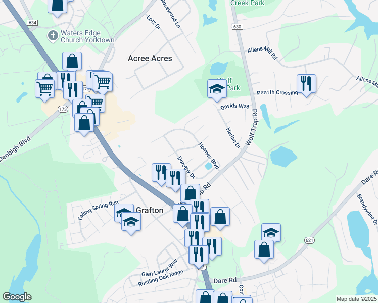 map of restaurants, bars, coffee shops, grocery stores, and more near 113 Trevor Trce in Yorktown