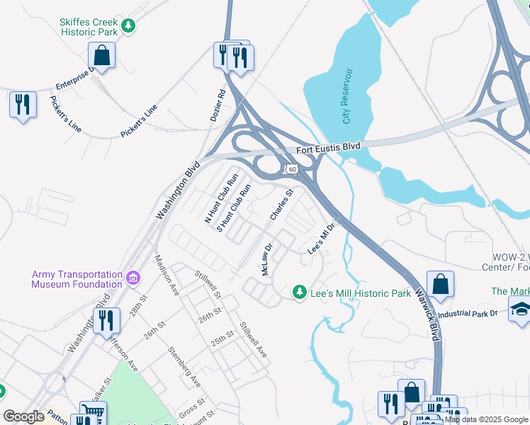 map of restaurants, bars, coffee shops, grocery stores, and more near 204 Quarter Trail in Newport News