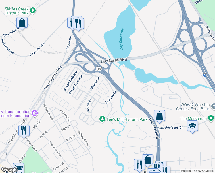 map of restaurants, bars, coffee shops, grocery stores, and more near 105 Warks Crescent in Newport News