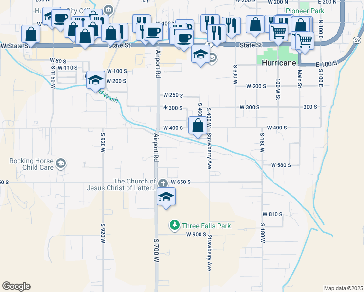 map of restaurants, bars, coffee shops, grocery stores, and more near 529 West 400 South in Hurricane