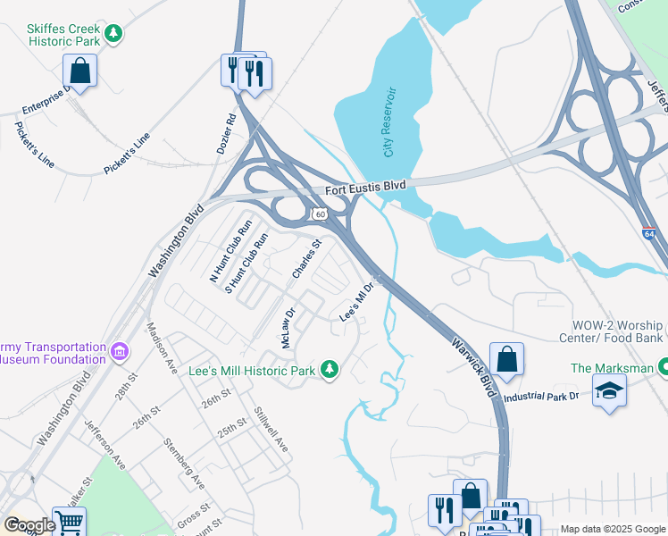 map of restaurants, bars, coffee shops, grocery stores, and more near 105 Warks Crescent in Newport News