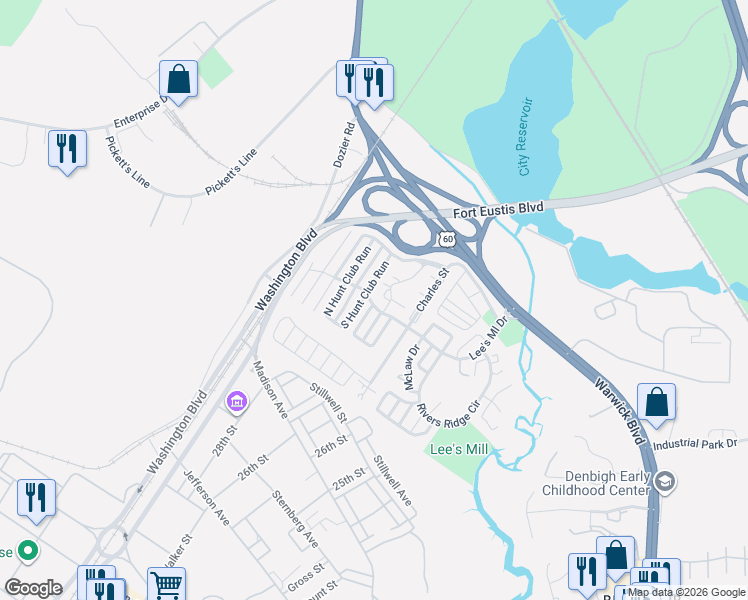 map of restaurants, bars, coffee shops, grocery stores, and more near 204 South Hunt Club Run in Newport News