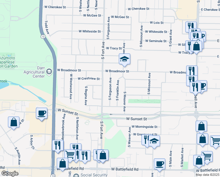 map of restaurants, bars, coffee shops, grocery stores, and more near 2450 South Ferguson Avenue in Springfield