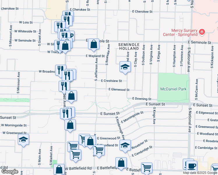 map of restaurants, bars, coffee shops, grocery stores, and more near 2437 South Roanoke Avenue in Springfield