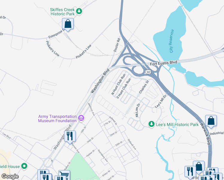 map of restaurants, bars, coffee shops, grocery stores, and more near 186 Gate House Road in Newport News