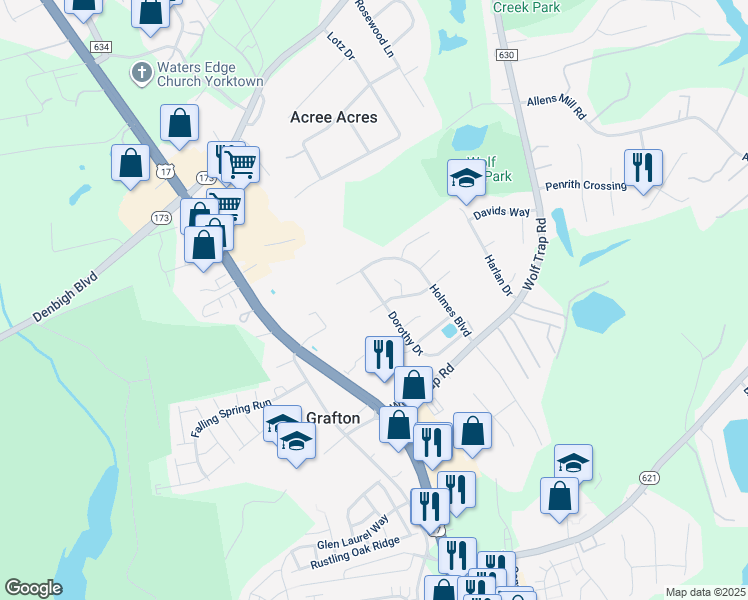 map of restaurants, bars, coffee shops, grocery stores, and more near 403 Dorothy Drive in Yorktown