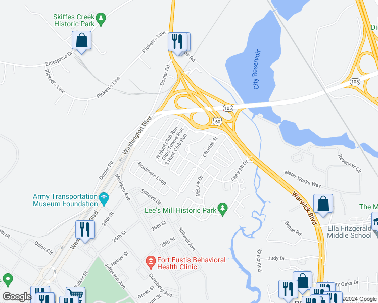 map of restaurants, bars, coffee shops, grocery stores, and more near 225 Quarter Trail in Newport News